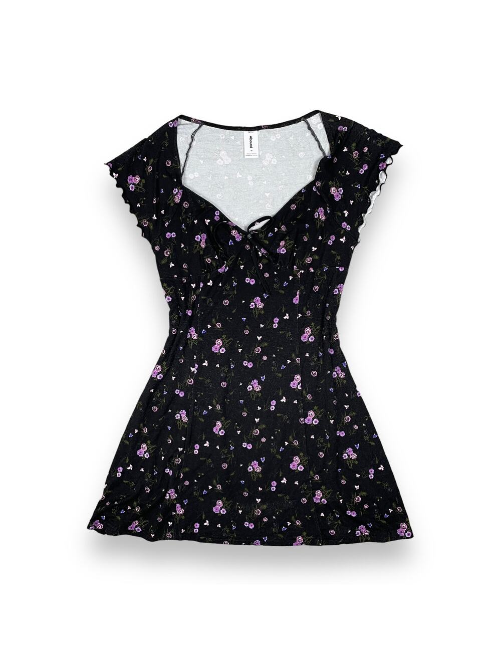 Abound Nordstrom Babydoll Dress M Black Purple Floral Tie Bust Whimsigoth Fairy